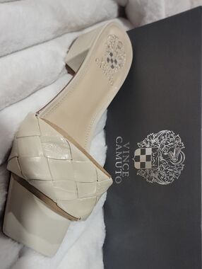 Vince Camuto Cream Woven Block Heel Sandals